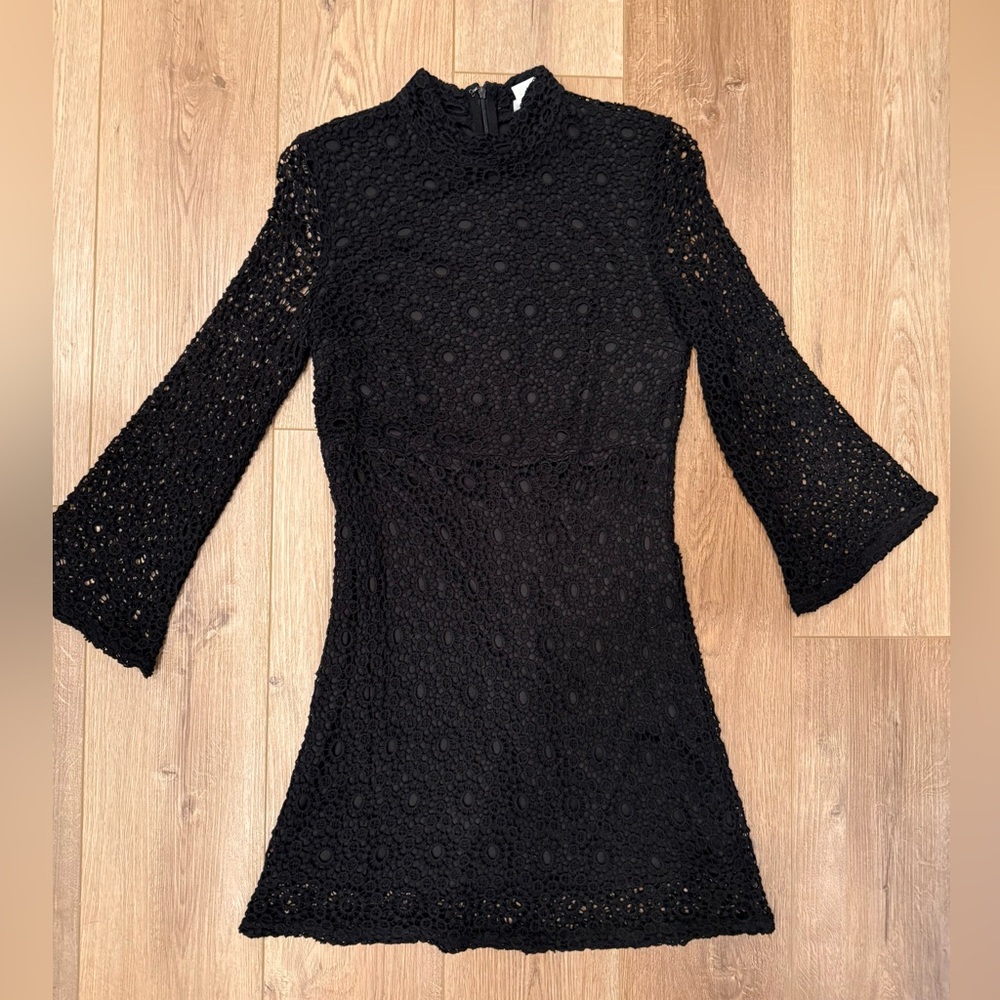 Cooperative Black Crochet Lace Mini Dress with Mock Neck and 3/4 Bell Sleeves